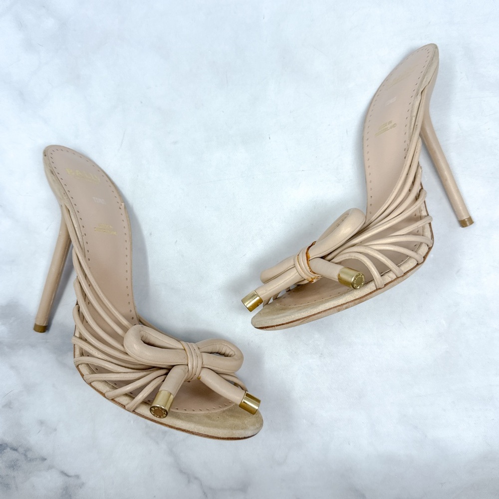 BALLY Switzerland Vintage Y2K Strappy Bow Leather Stiletto Heel Mule Sandal Nude - Picture 6 of 16